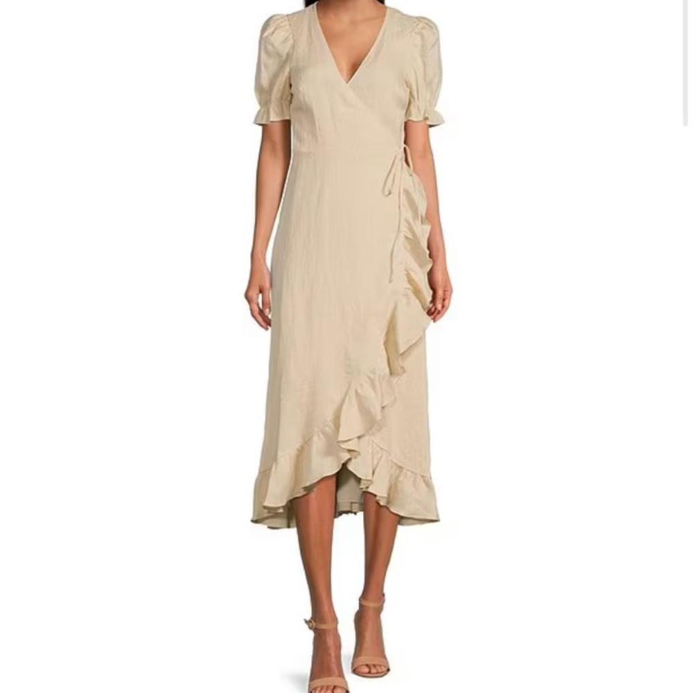 Short Puffed Sleeve High-Low Ruffled Hem Side Tie Wrap Midi Dress